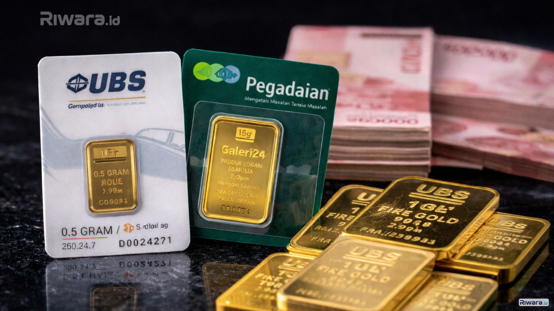 Ilustrasi emas batangan UBS dan Galeri24 di Pegadaian. Pada perdagangan Jumat, 6 Maret 2026, harga emas UBS dan Galeri24 mengalami kenaikan tipis, sementara harga emas Antam tidak tercantum dalam daftar di laman Sahabat Pegadaian.